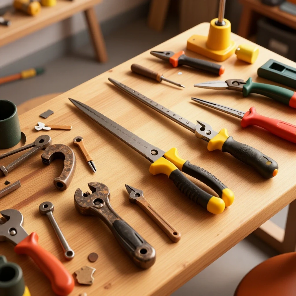 A comparison of worn-out tools on one side and shiny, organized quality tools on the other, set in a well-lit workshop.