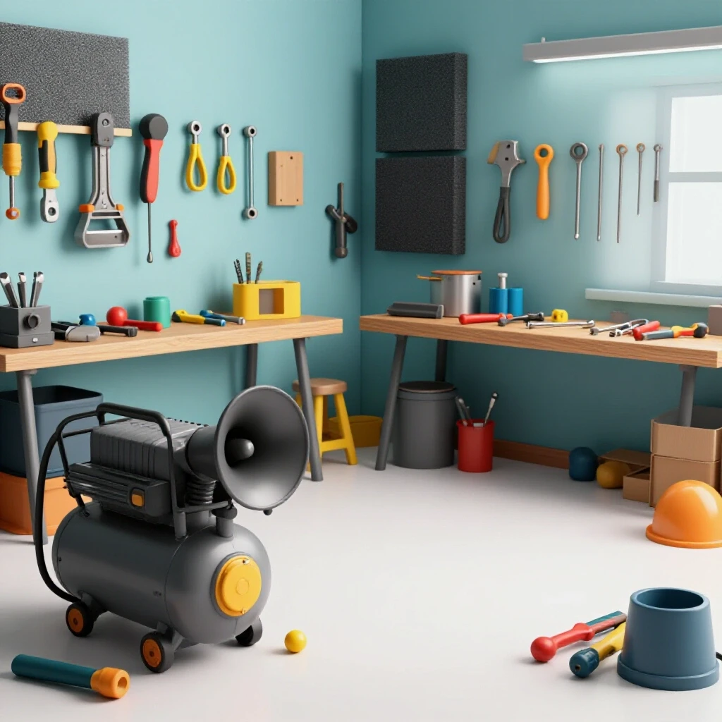 A vibrant workshop divided into a noisy air compressor area and a serene soundproofed section, showcasing contrasting tool arrangements.