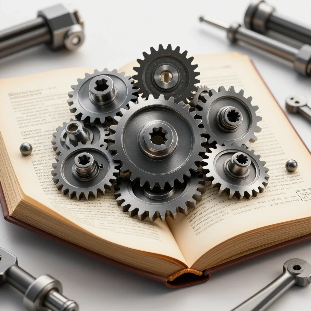 An open machine tool manual with shiny gears and tools emerging, symbolizing learning and savings in fabrication.