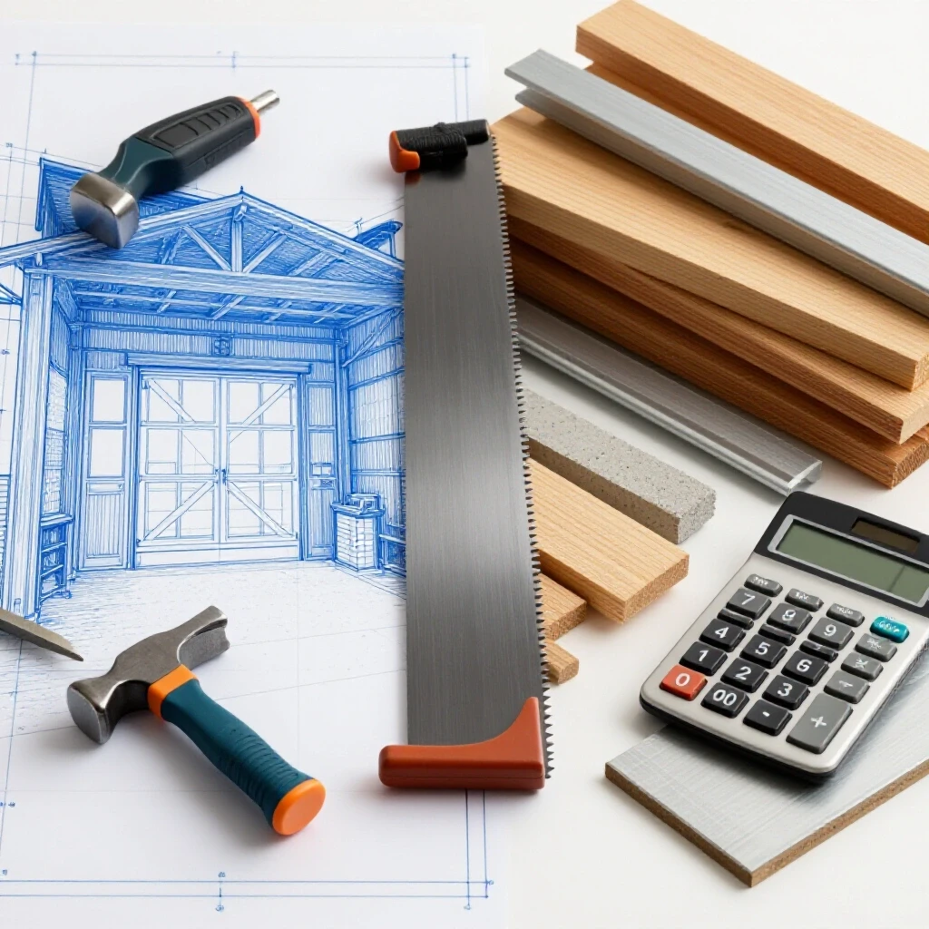 Split image featuring a garage shop blueprint with tools and a pile of construction materials with a calculator, focusing on DIY costs.