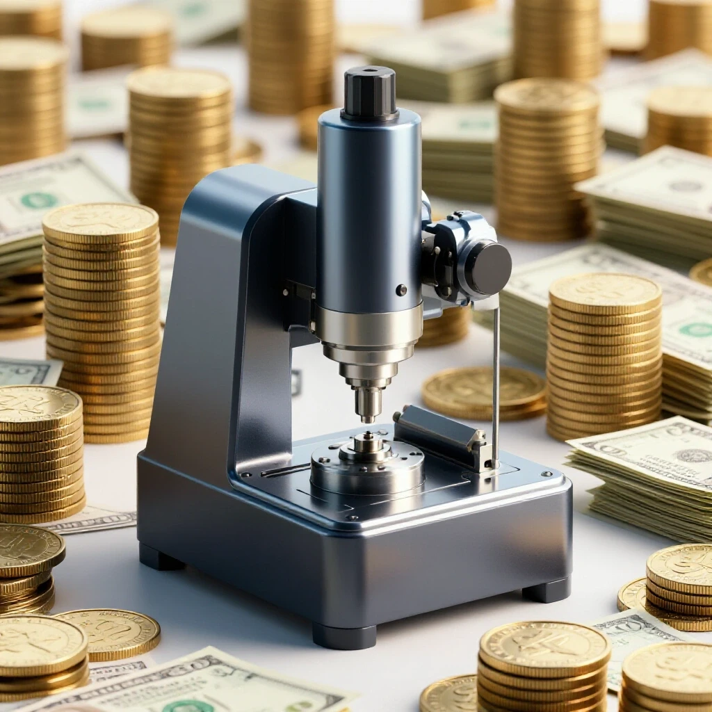A shiny milling machine surrounded by stacks of coins and dollar bills, highlighting investment value.