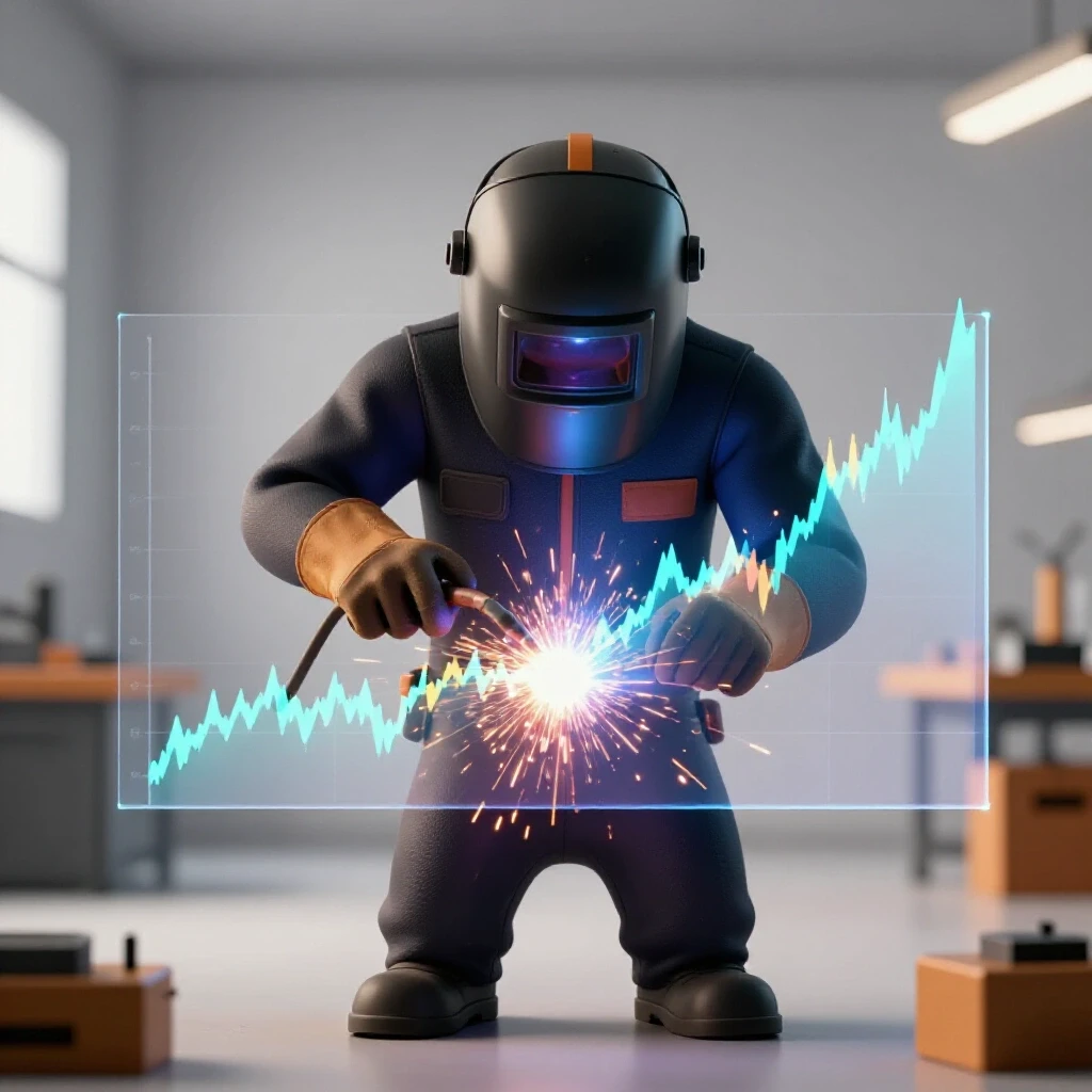 A welder in action with a vibrant welding torch, surrounded by transparent graphs showing cost fluctuations and sparks.