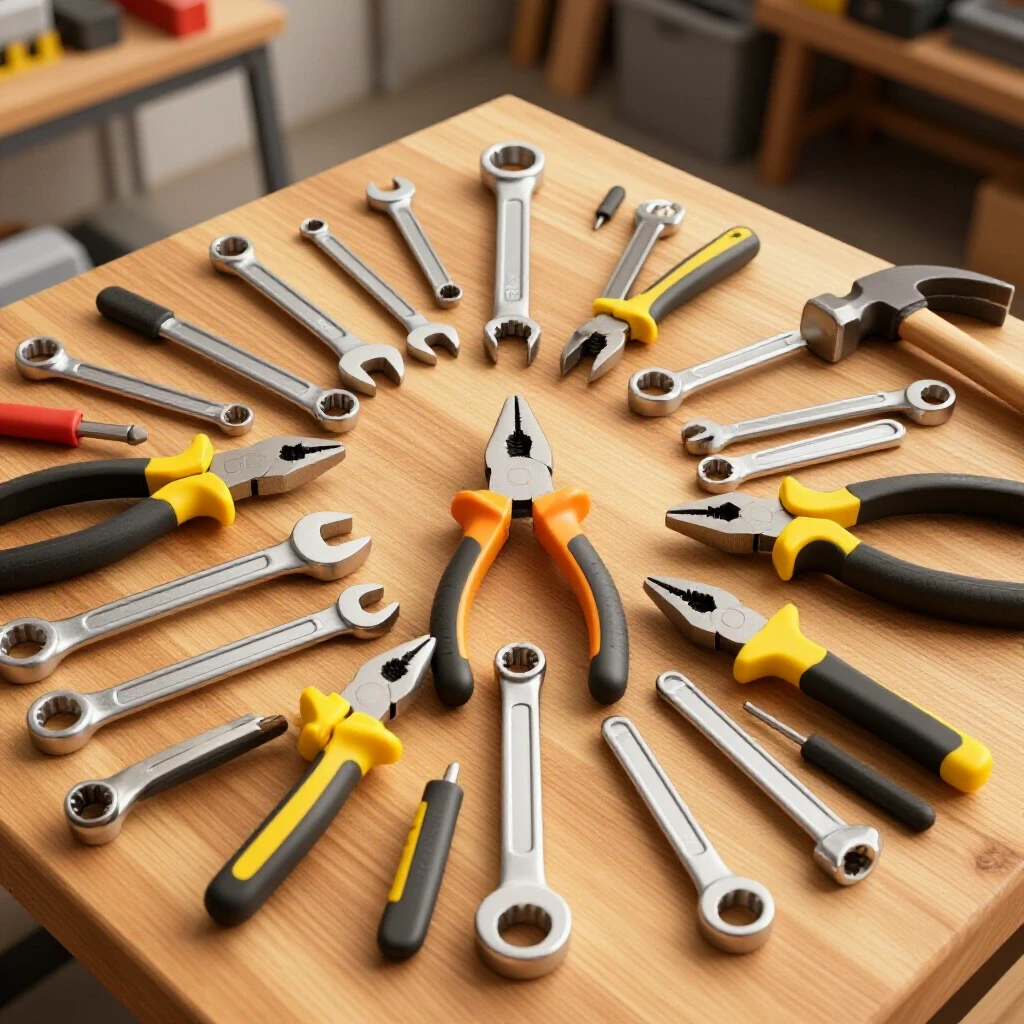 Array of beginner hand tools including wrenches, pliers, and hammers on a wooden workbench