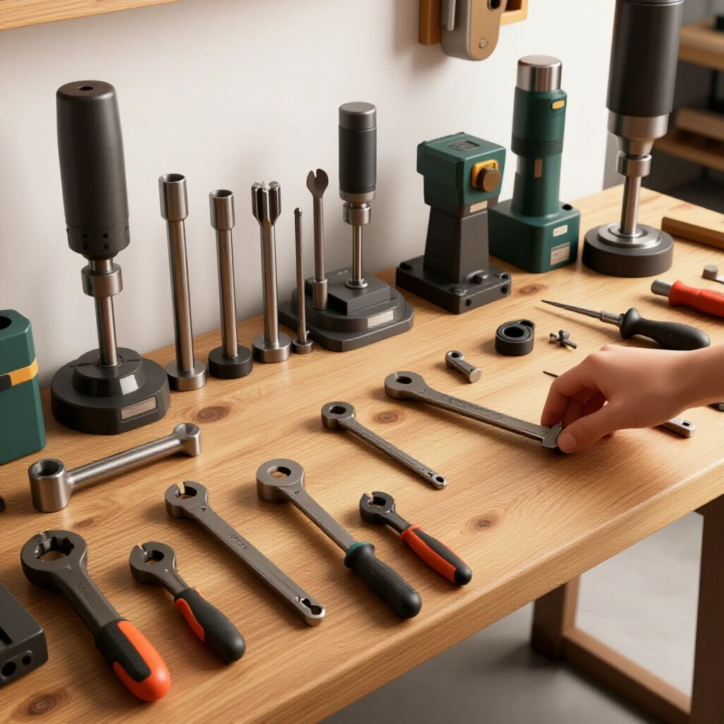 A vibrant and dynamic workspace showcasing various metalworking tools on a clean workbench under bright lighting.