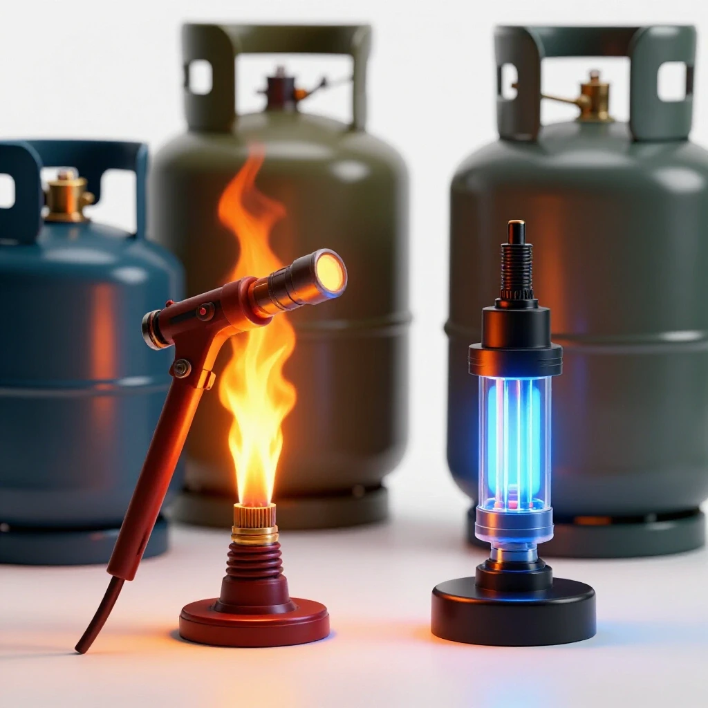 A visually striking 3D-rendered image juxtaposing a bright oxy-acetylene torch and an energy-efficient tool among fuel gas canisters.