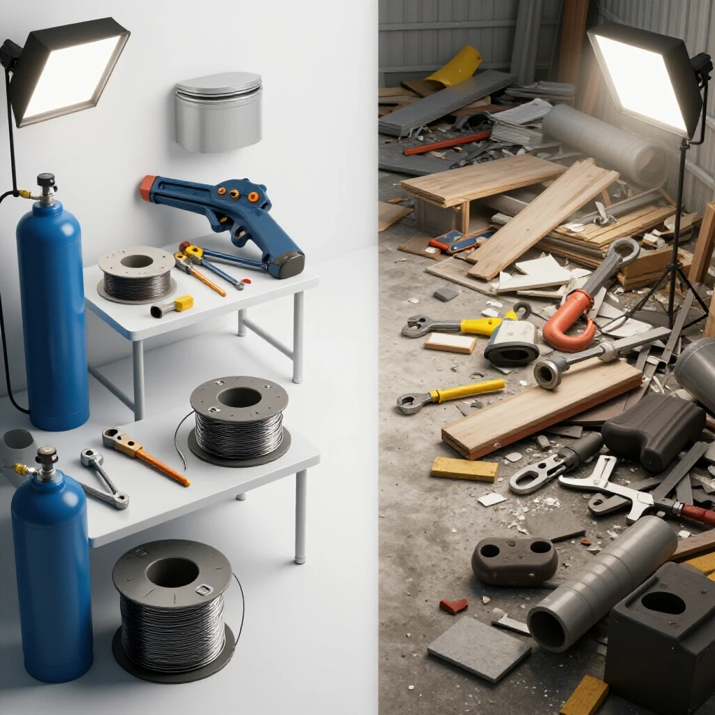 Comparison of an organized welding workspace and a chaotic area highlighting waste reduction effectiveness.
