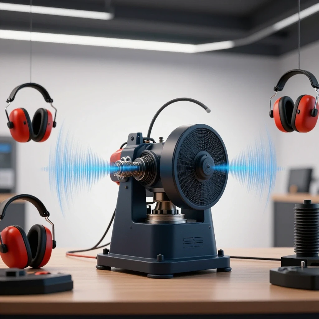 A modern workshop with a noisy machine, sound waves, ear protection, and vibration-damping materials displayed.