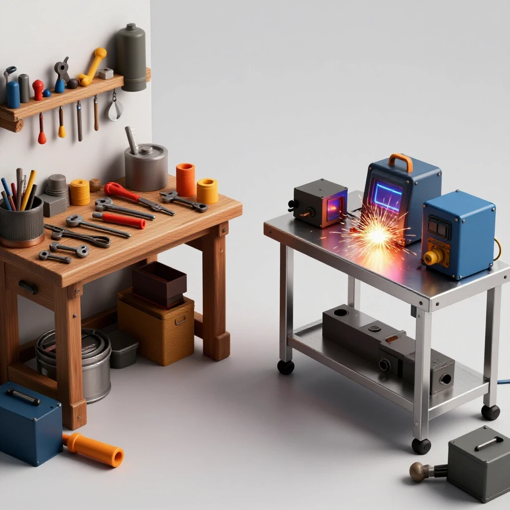 A vibrant depiction contrasting a cluttered traditional workbench with a sleek steel welding table, showcasing tools and sparks.