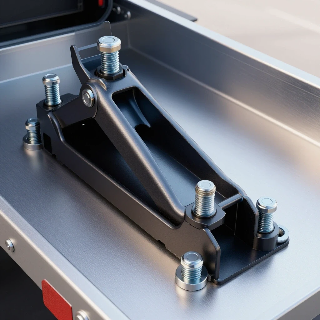 Close-up of a reinforced trailer tongue jack mount with metallic brackets and bolts showcasing DIY strength.