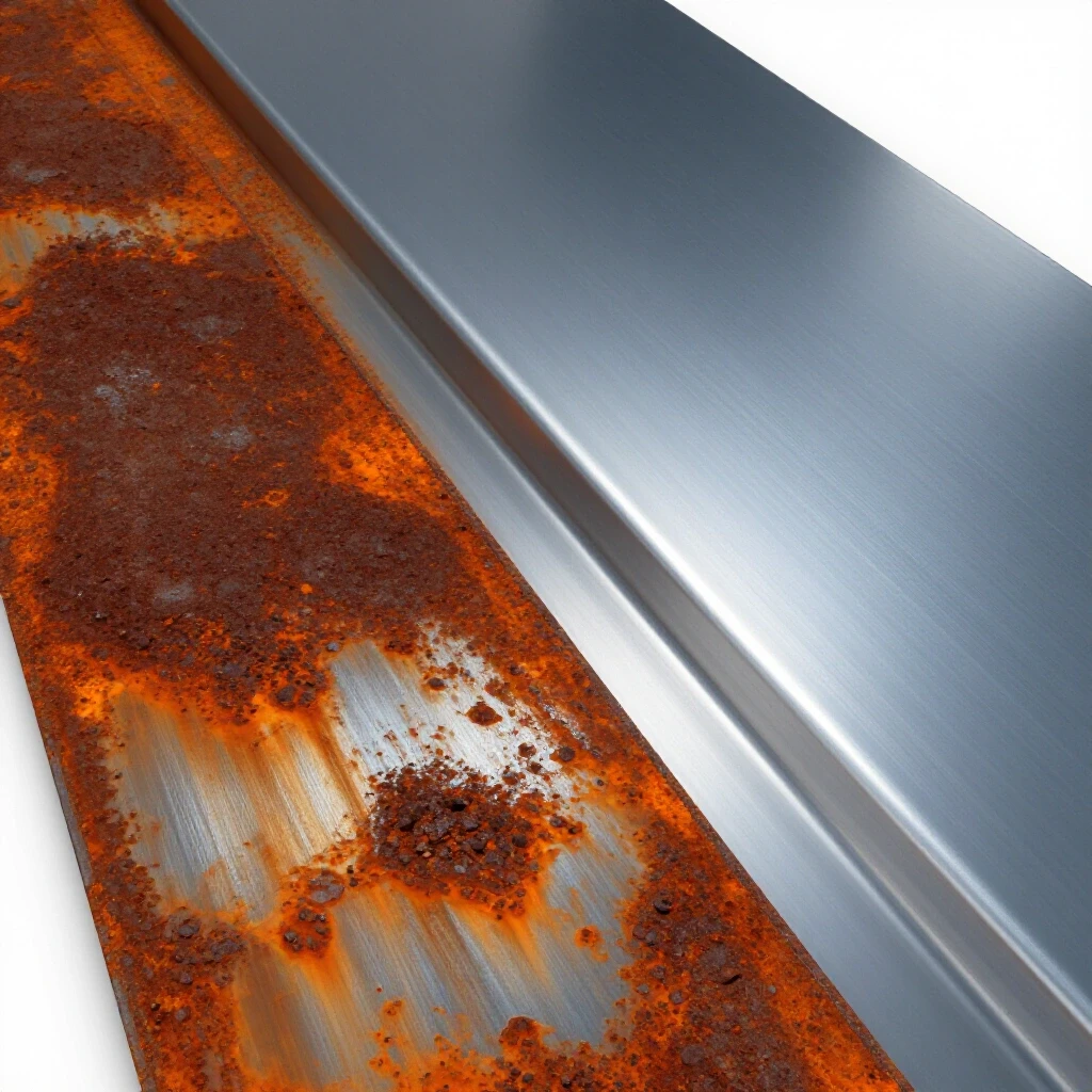 A steel surface showcasing heavy rust on one side transitioning smoothly to a polished finish on the other, highlighting rust removal.