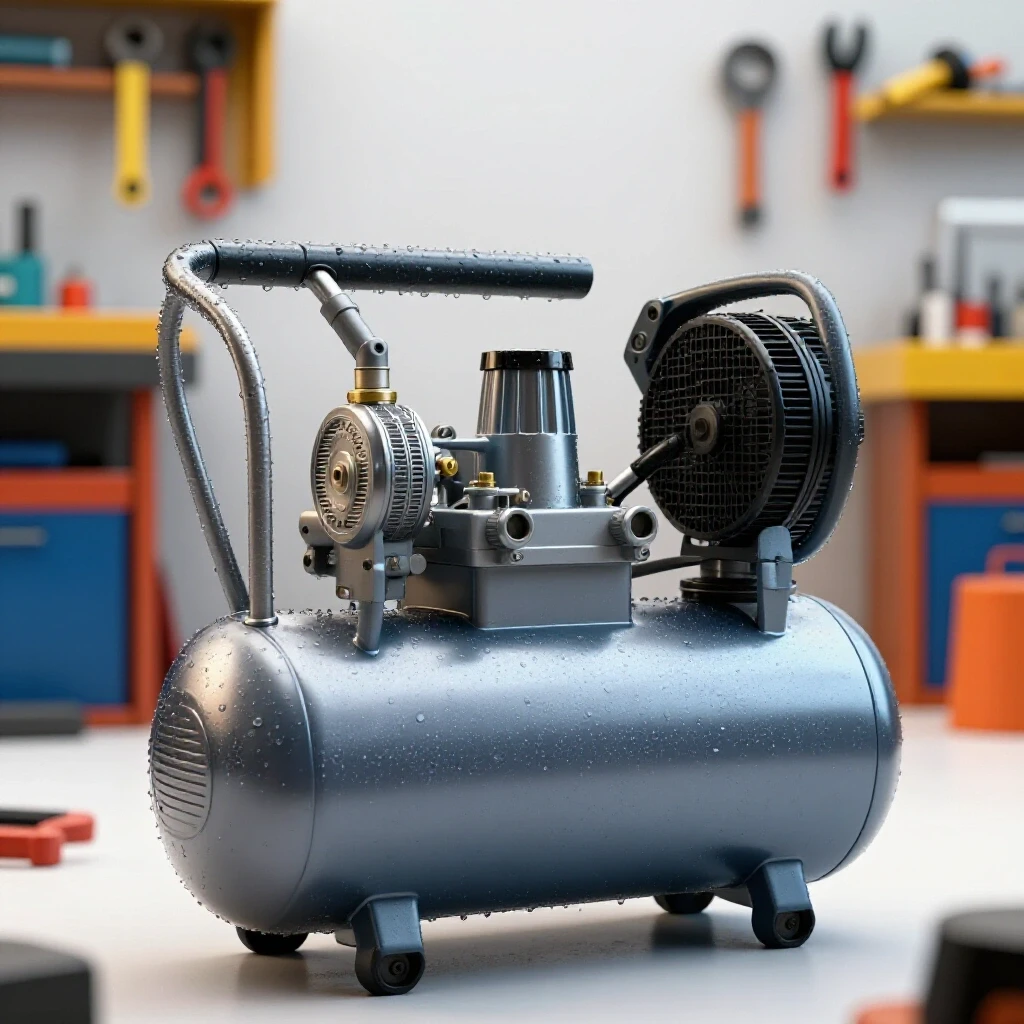 Close-up of a gleaming air compressor with water droplets on metal lines surrounded by vibrant workshop tools.