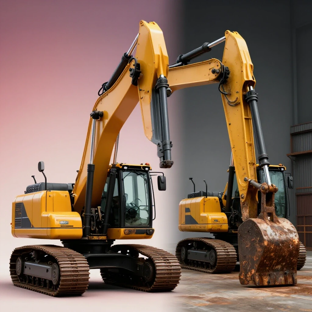 A comparison of shiny new heavy machinery and a worn used machine highlighting the choice between buying or renting.