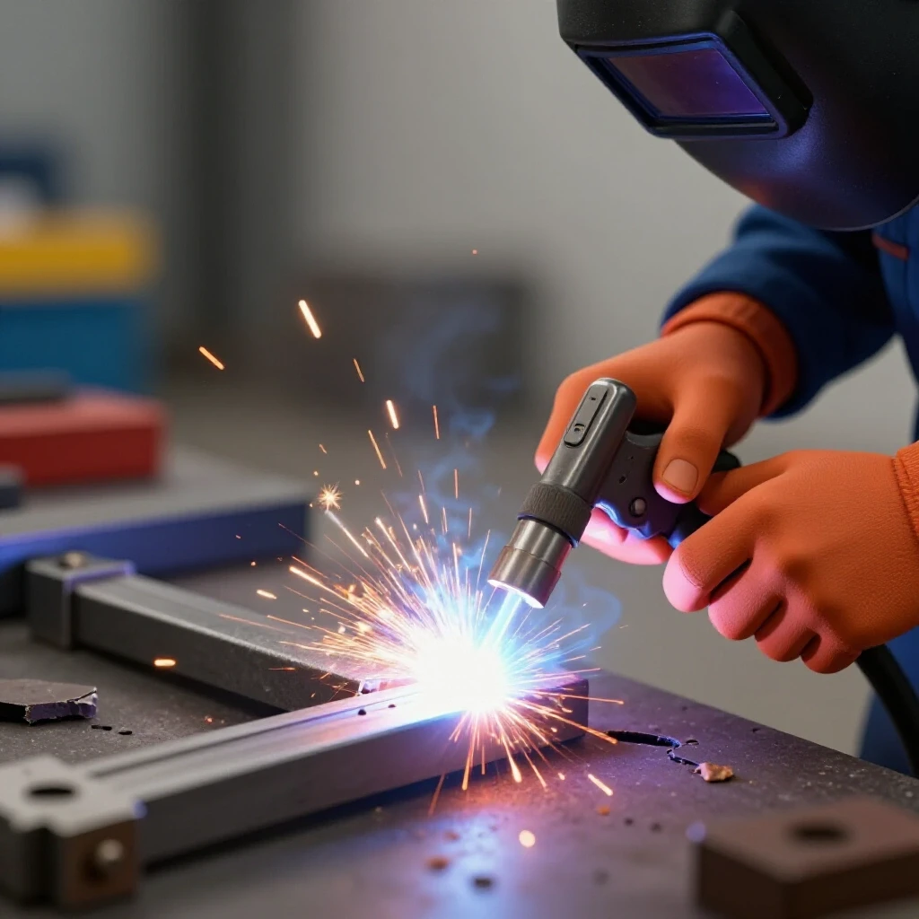 Close-up of skilled welder's hands using a welding torch to repair broken jigs, with bright sparks flying.
