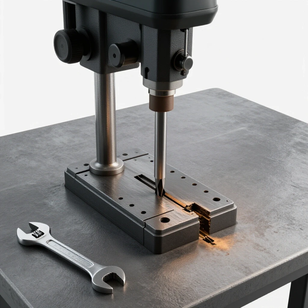 A drill press table with a damaged slot being repaired, showcasing a shiny wrench on a textured surface.