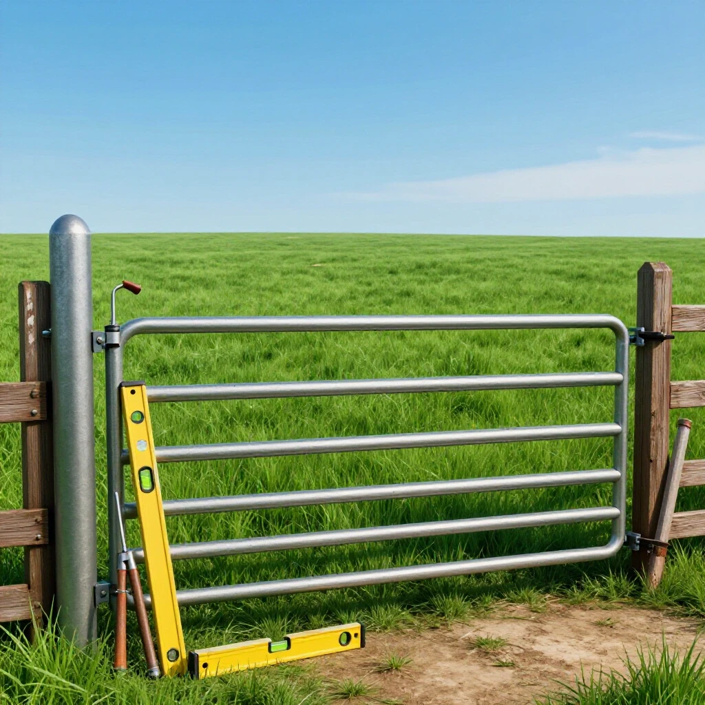 A polished steel farm gate stands tall alongside a sagging, weathered gate, with tools and a vibrant landscape.