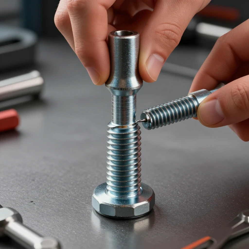 Close-up of a hand installing a Helicoil into a stripped steel thread, with workshop tools blurred in the background.