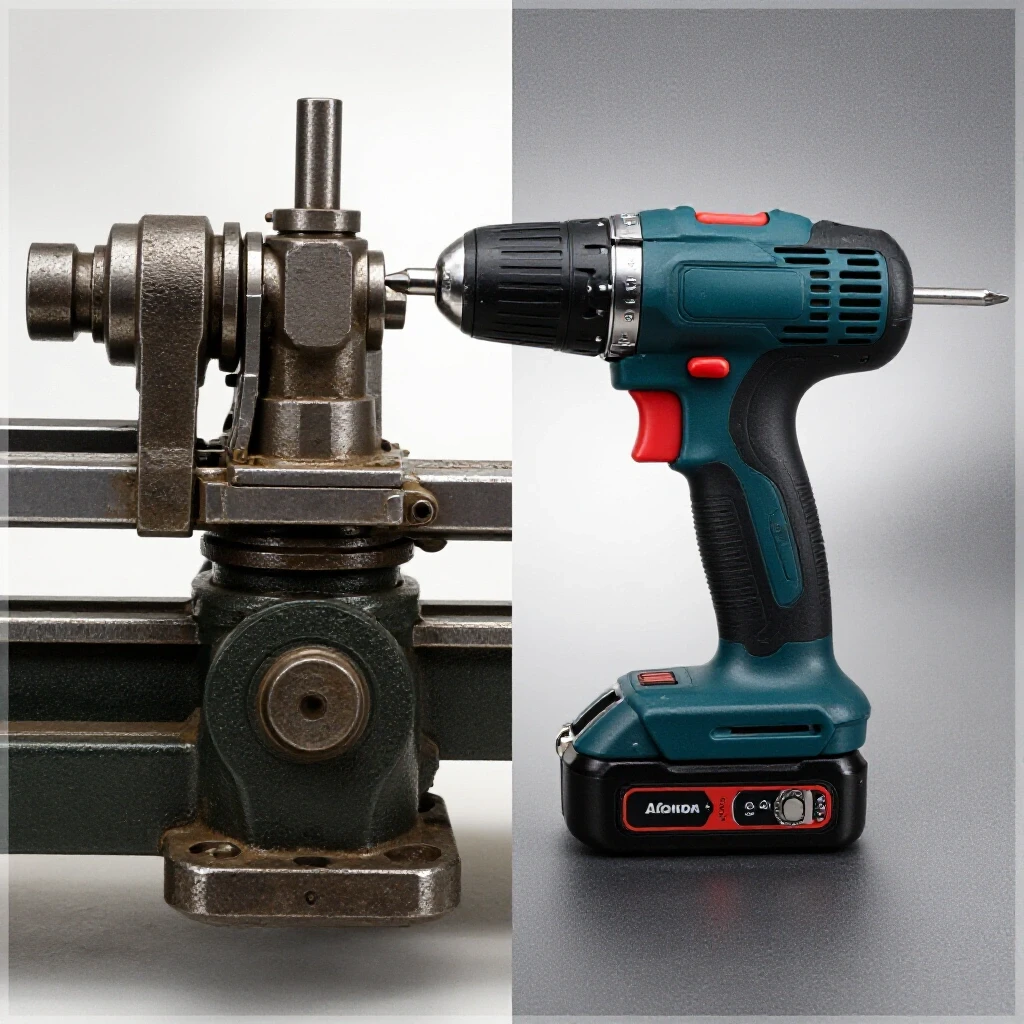 A comparison image of a sturdy metal lathe and a shiny disposable screwdriver, highlighting the contrast between durability and convenience.