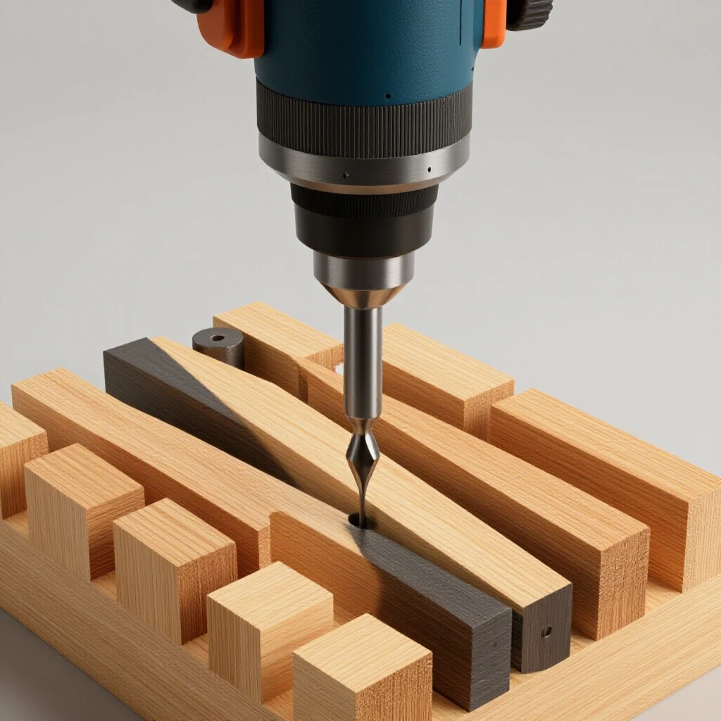 Close-up of a precision drilling jig in action with multiple wooden pieces, showcasing the art of DIY fabrication.