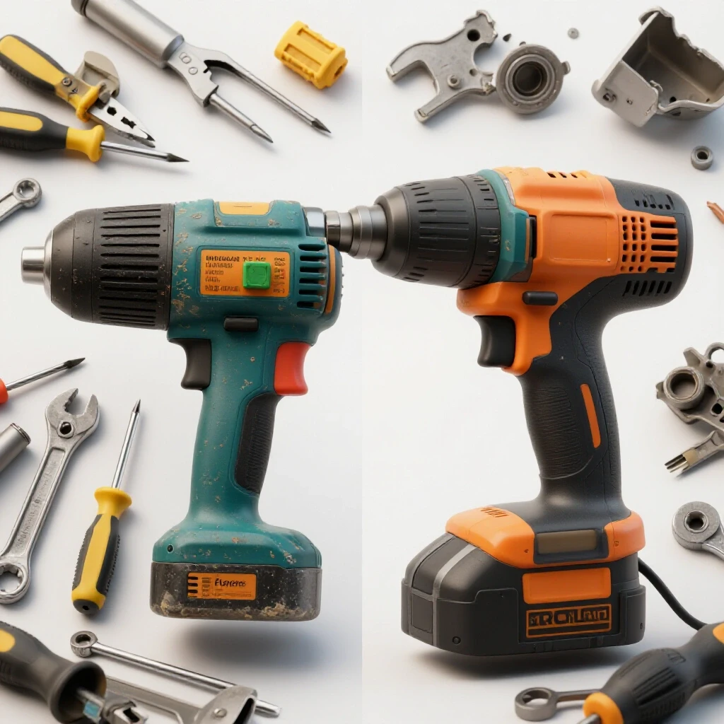 Split image showing a worn electric tool with repair tools on one side, and a new tool with discarded parts on the other side.
