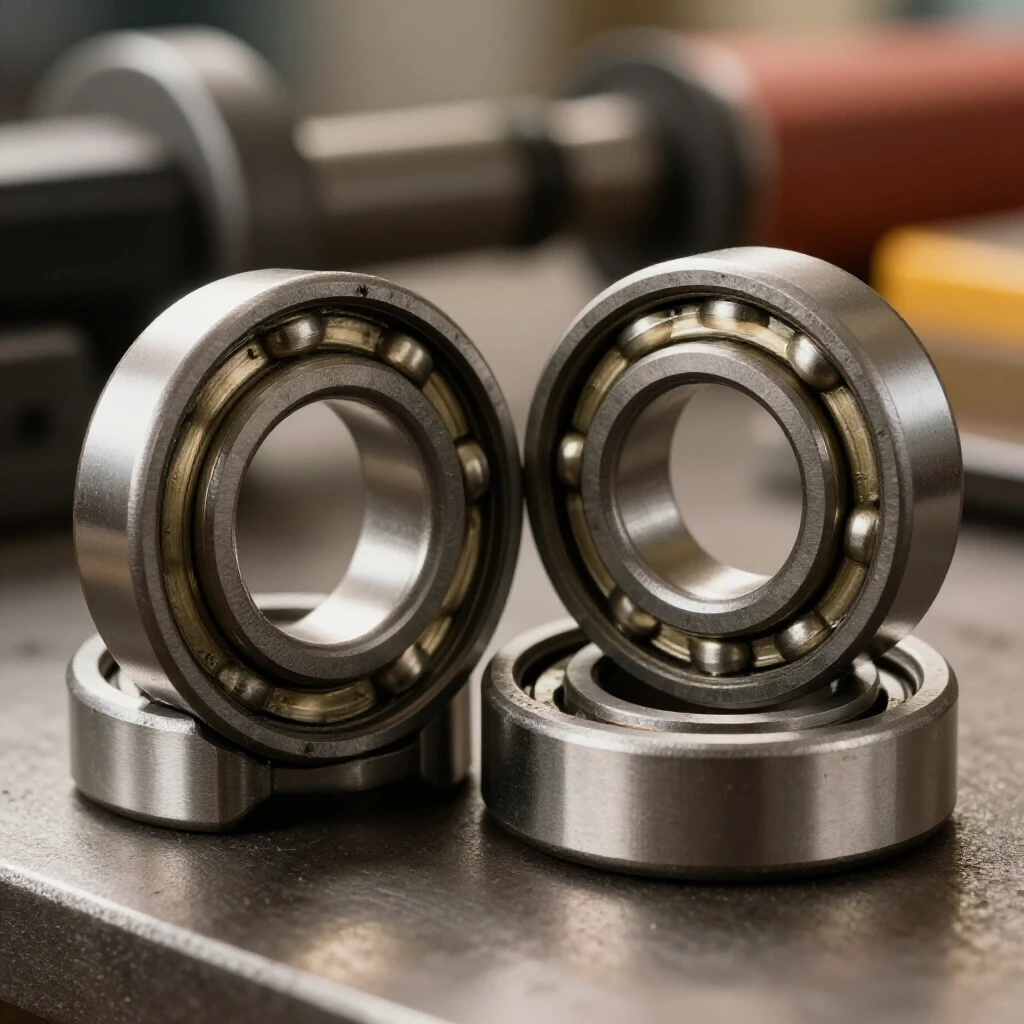 Close-up of a worn bearing next to a new bearing, with a blurry bench grinder in the background, highlighting contrasts in condition.
