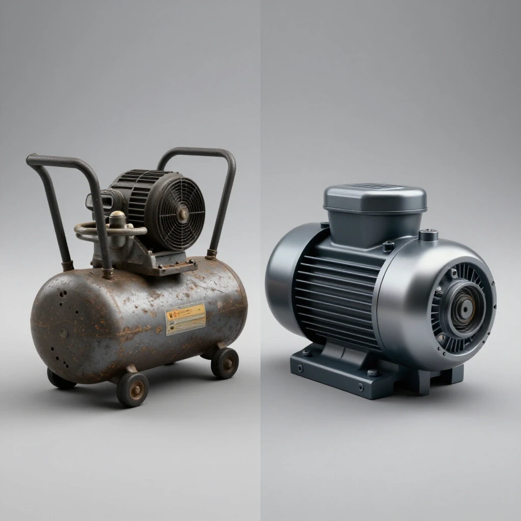 A worn-out air compressor contrasted with a shiny new replacement motor, illustrating the choice of replacement.