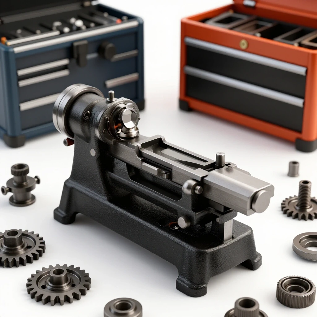 Vintage metal lathe surrounded by replacement parts, emphasizing the blend of old and new tools.