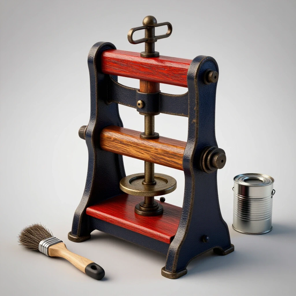 A beautifully restored vintage mechanical arbor press with tools for restoration on a bright background.