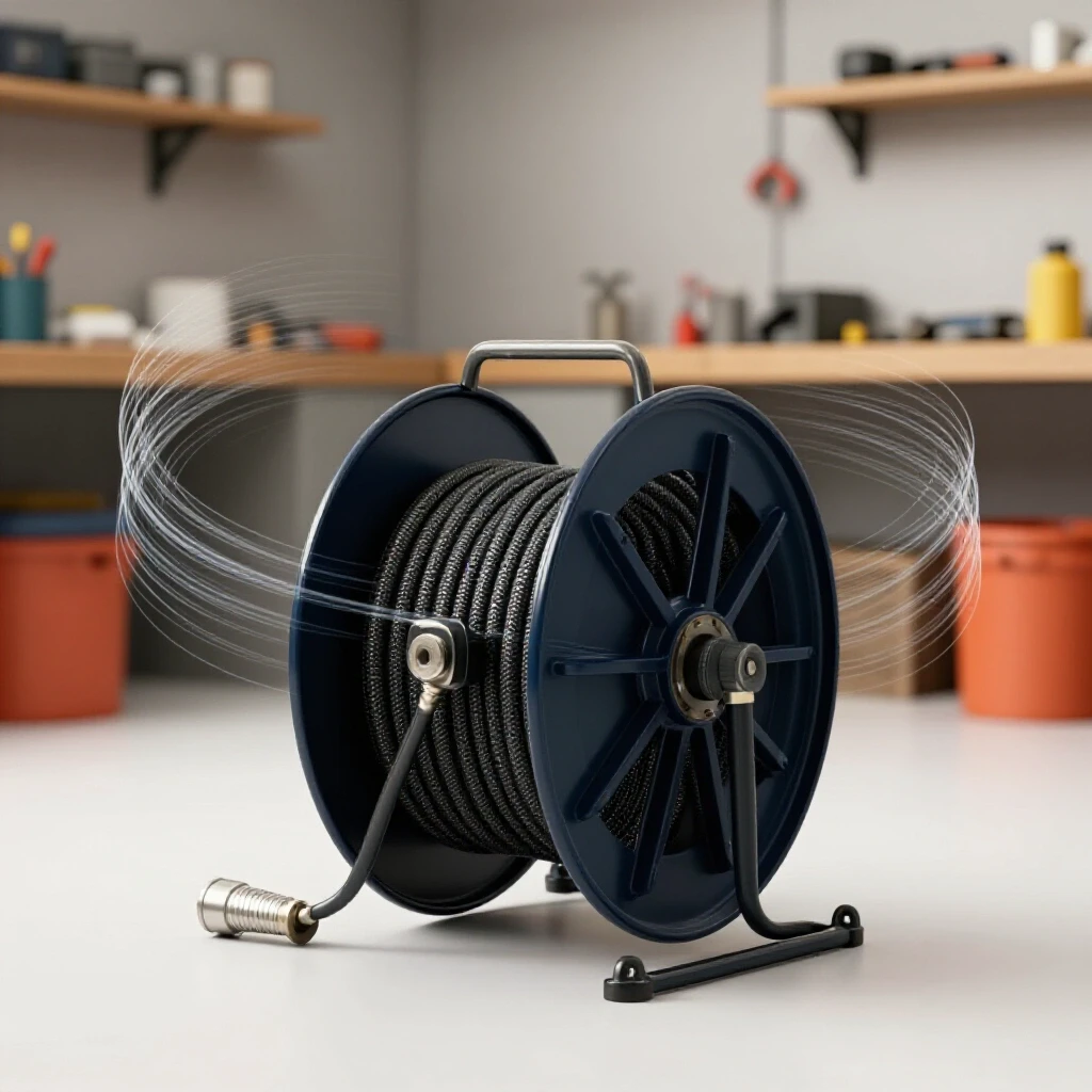 A retractable air hose reel in a bright workshop setting, showcasing tools and a sense of organization.