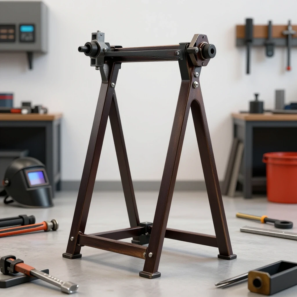 A detailed image of a rigid metal stand for welding, showcased in a well-lit workshop with tools nearby.