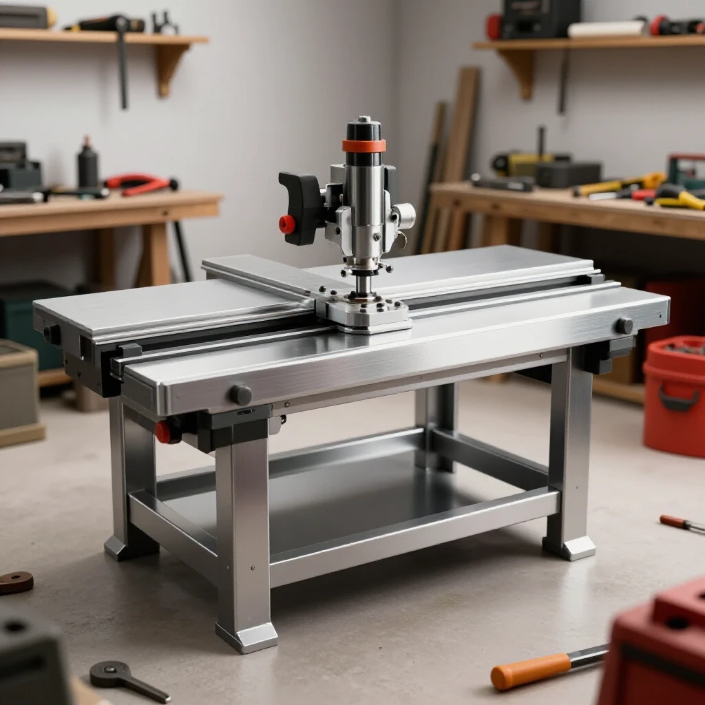A gleaming steel router table showcased in a cluttered workshop, emphasizing its precision and craftsmanship.