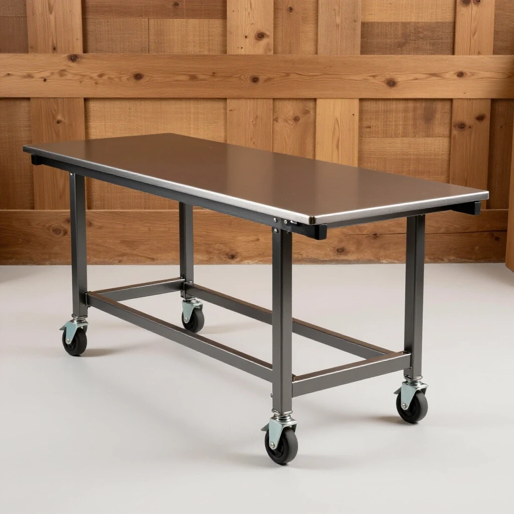 Overhead view of a shiny rolling metal workbench partially assembled, set against a rustic wooden backdrop, highlighting mobility.