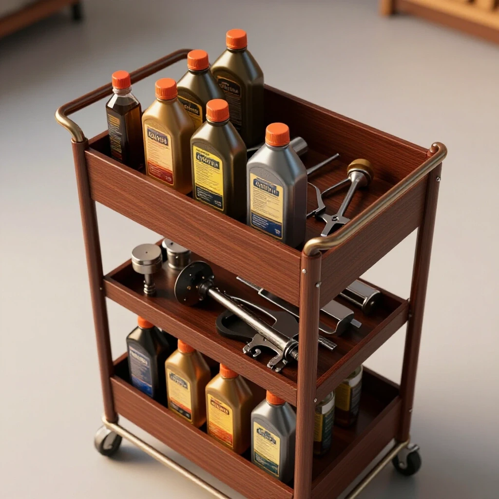 Overhead view of a sleek rolling storage cart filled with cutting oils and tools in a bright workshop.