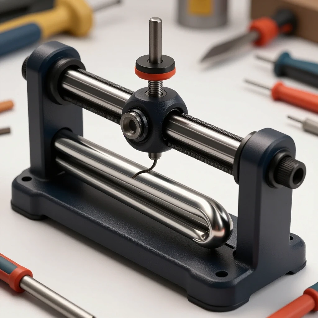 Close-up of a rotary draw tube bender bending a shiny metal tube amid workshop tools, highlighting precision and capability.