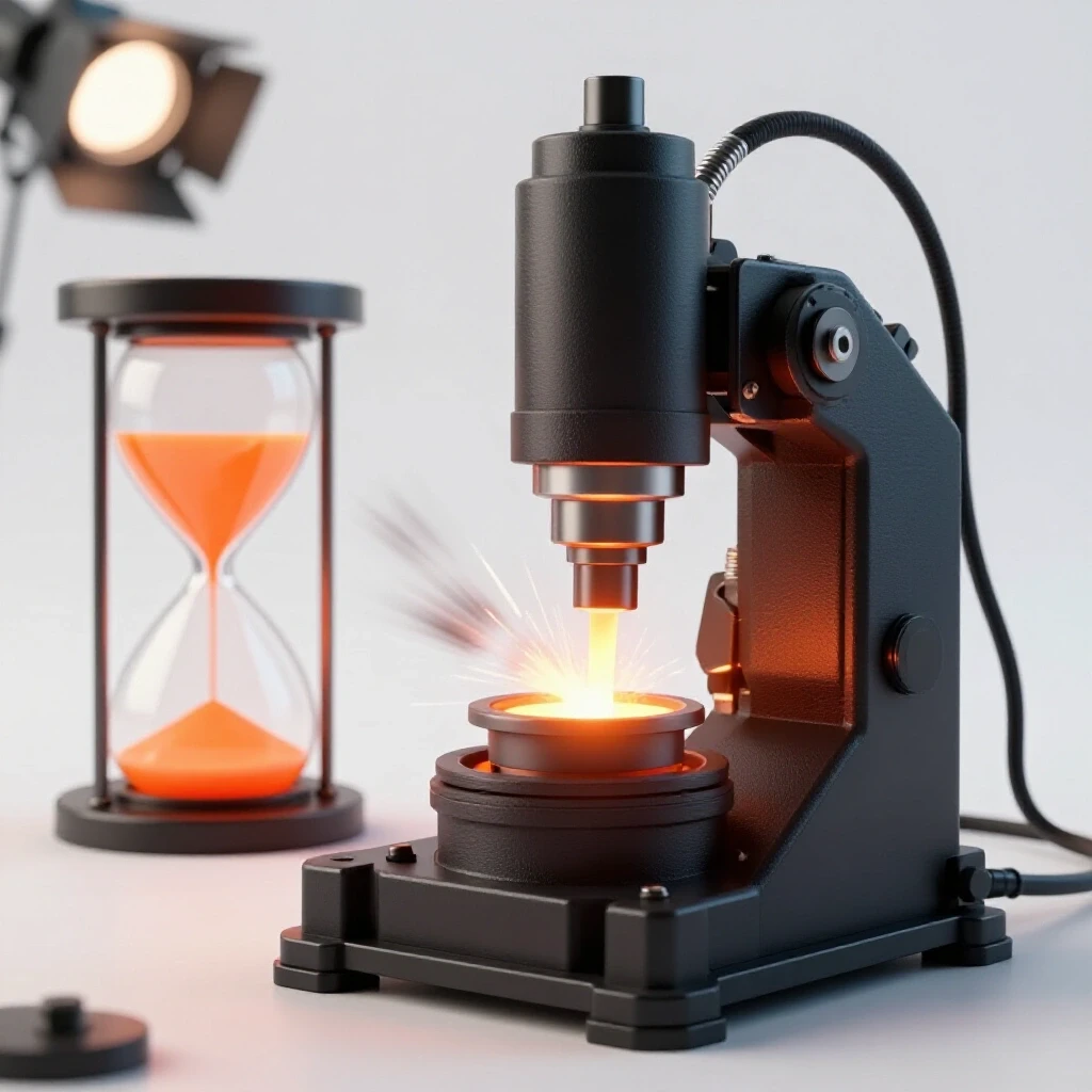 A 3D visualization of a rotary welding positioner in action with an hourglass of molten metal, showcasing efficiency and precision.