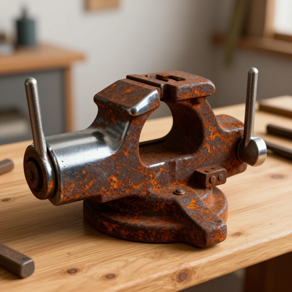 A polished half of a rusty bench vise on a wooden workbench, showcasing restoration contrast, with bright background.