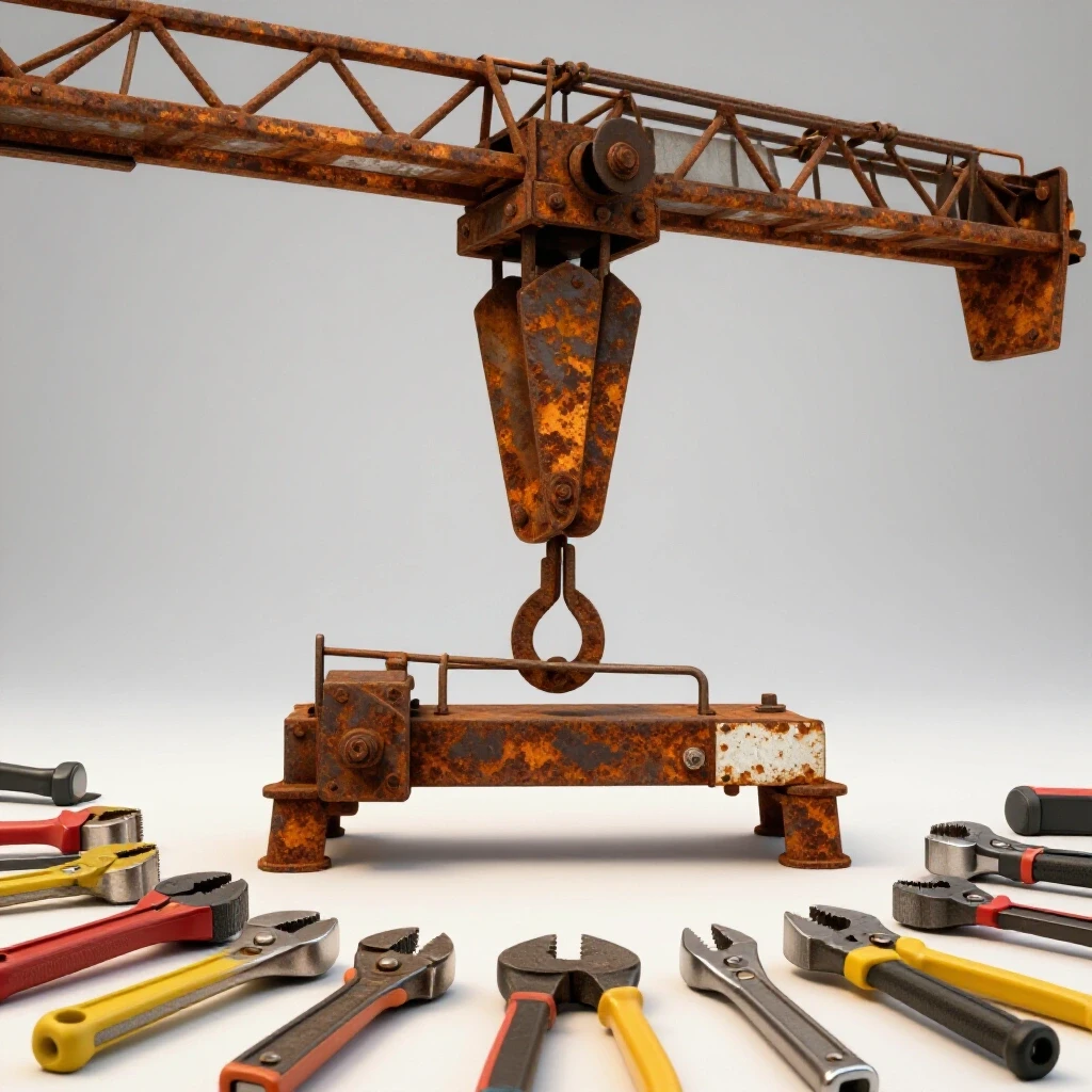 Close-up of a rusty shop crane hoist with bright tools in foreground, showcasing contrasting textures of metal and tools.