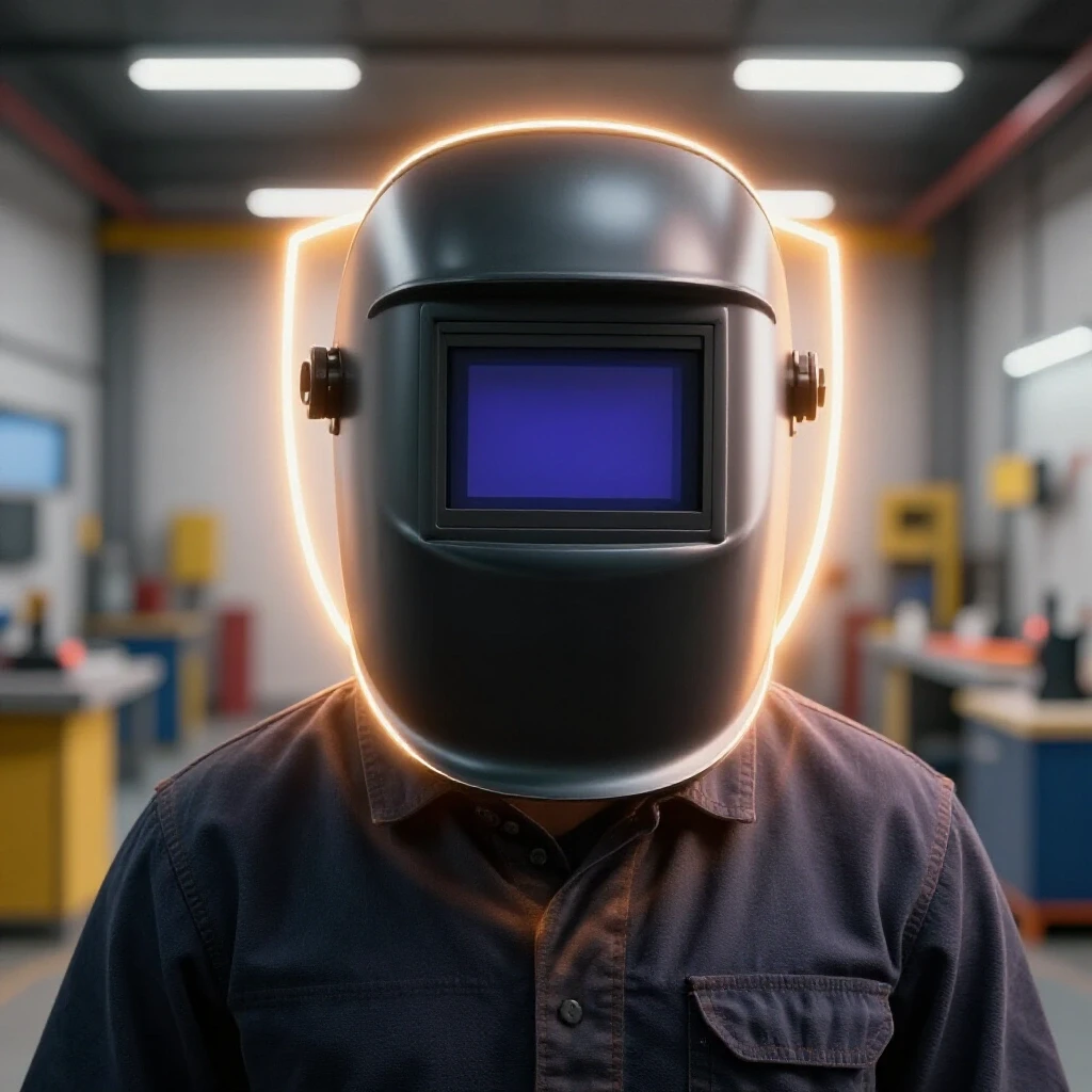 A brightly lit image featuring a prominent welding hood with a protective aura, set against a contrasting welding environment and workshop.