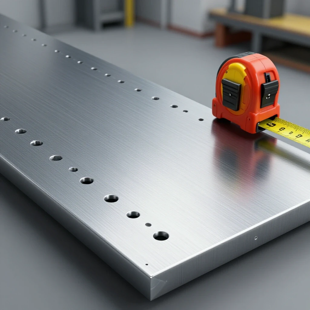 Close-up of a steel sheet with highlighted hole markings and a measuring tape, showcasing safe spacing from edges.