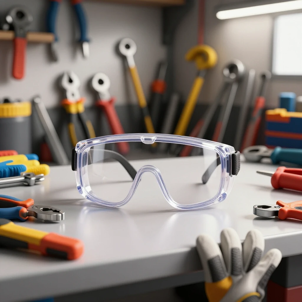 A well-organized garage workspace featuring safety goggles and gloves amidst a backdrop of tools and metal scraps.