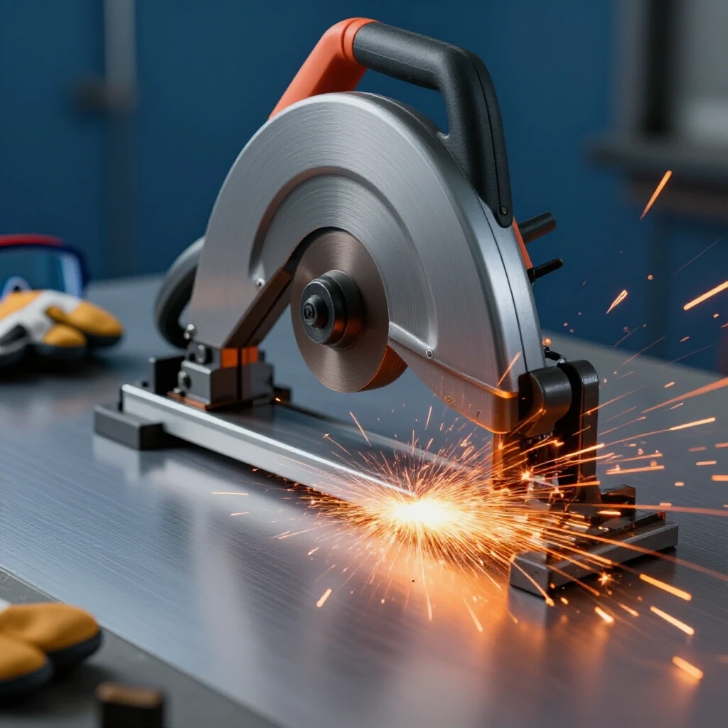 Close-up of a bandsaw cutting metal with sparks, emphasizing safety and action, in a well-lit workshop setting.