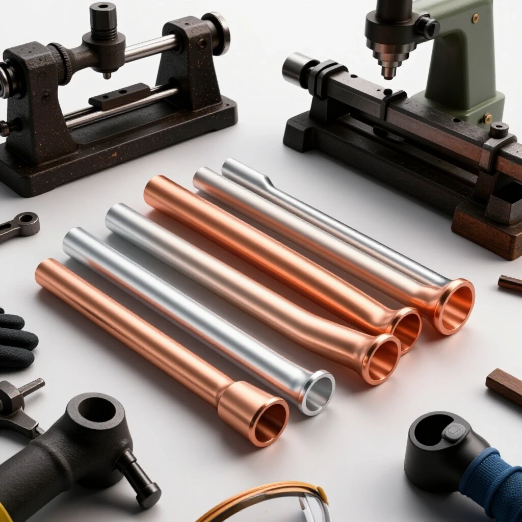 Polished non-ferrous metals like aluminum and copper surrounded by dark workshop tools and safety gear highlights craftsmanship and safety.