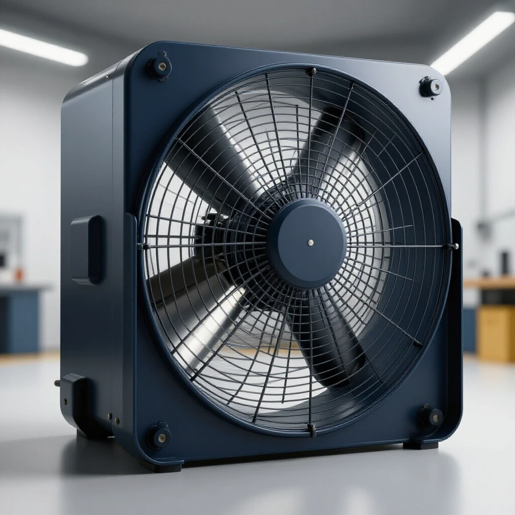 A modern welding exhaust fan in a brightly lit workshop, contrasting with a shadowy corner symbolizing poor ventilation.