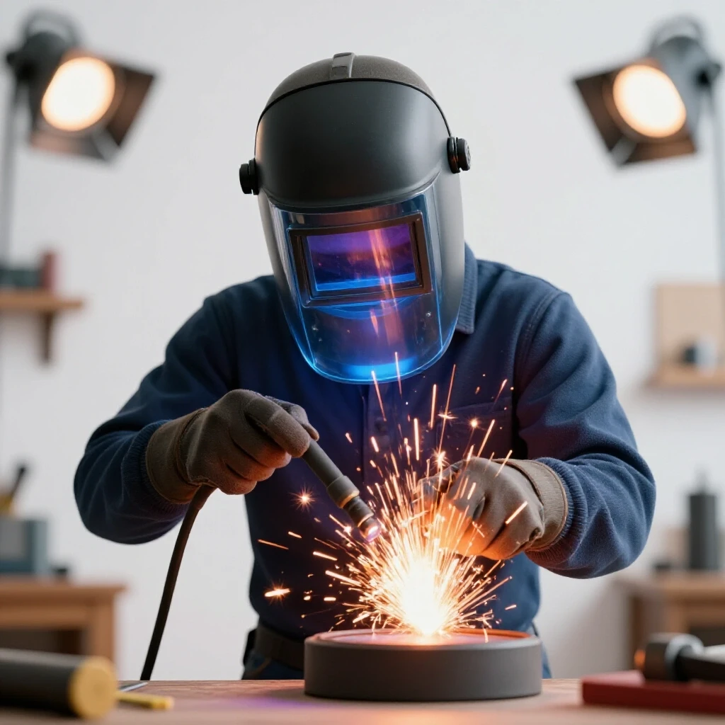 Close-up of a welder adjusting a clear spark shield with vibrant sparks flying in a well-lit workshop.