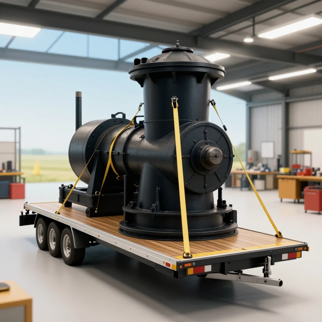 A rugged trailer with a large industrial mill securely strapped, set against a bright workshop backdrop.