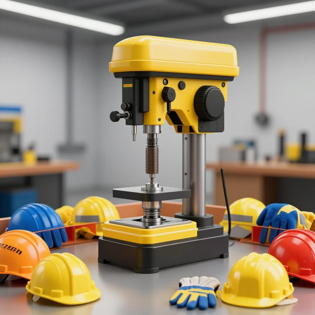 A vibrant magnetic drill press surrounded by safety gear in a blurred workshop setting, showcasing safety precautions.
