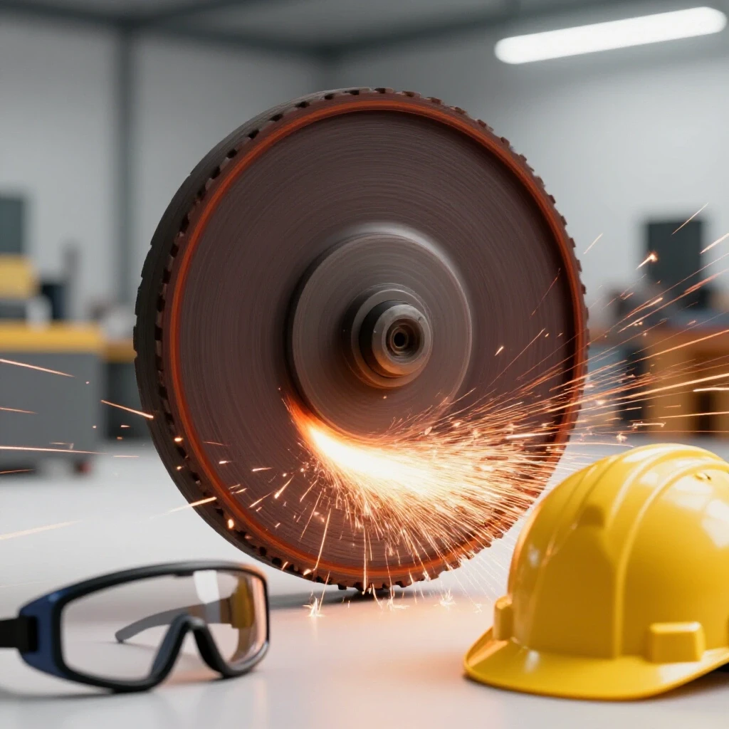A high-speed grinding wheel surrounded by flying sparks, with a protective helmet and goggles in the foreground in a bright workshop.