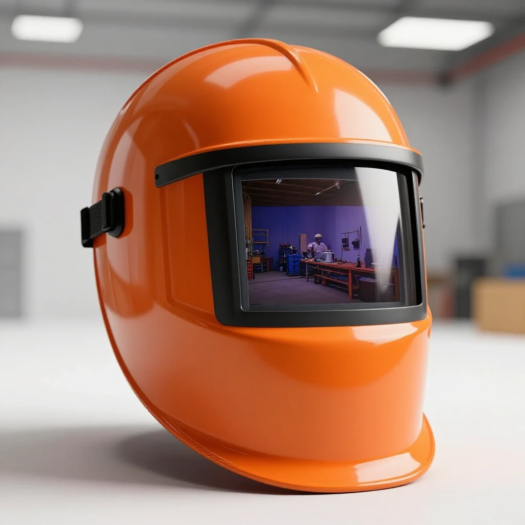 Bright orange welding helmet with reflective visor centered in a clean workshop background, showcasing safety in welding.