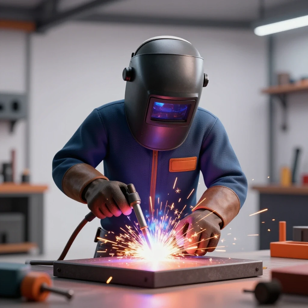 A welder in protective gear working with sparks and molten metal in a bright workshop environment.