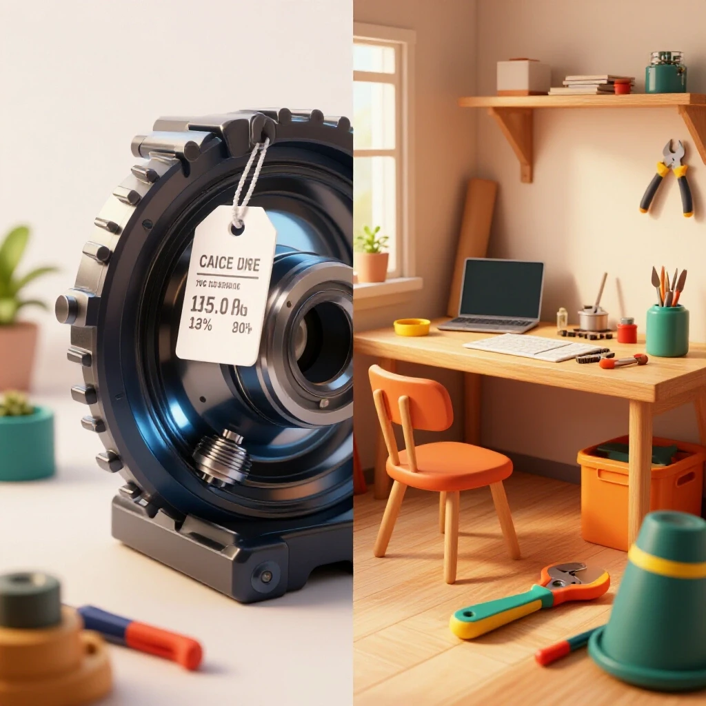 A split composition image showing a shiny machine part and a vibrant DIY workspace, symbolizing fabrication cost savings.