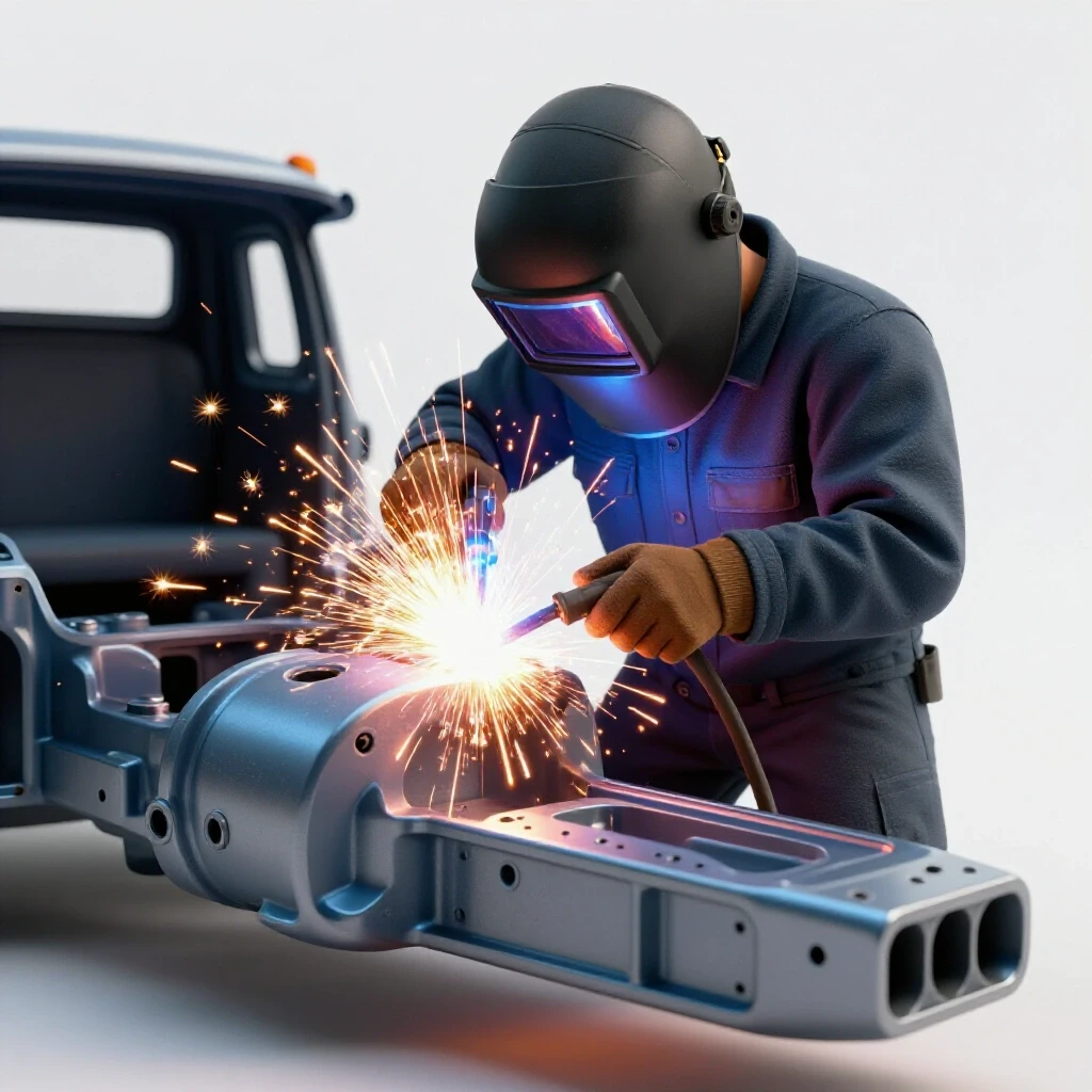 A welder working on a custom truck part, with sparks flying against a bright background, showcasing the DIY spirit.